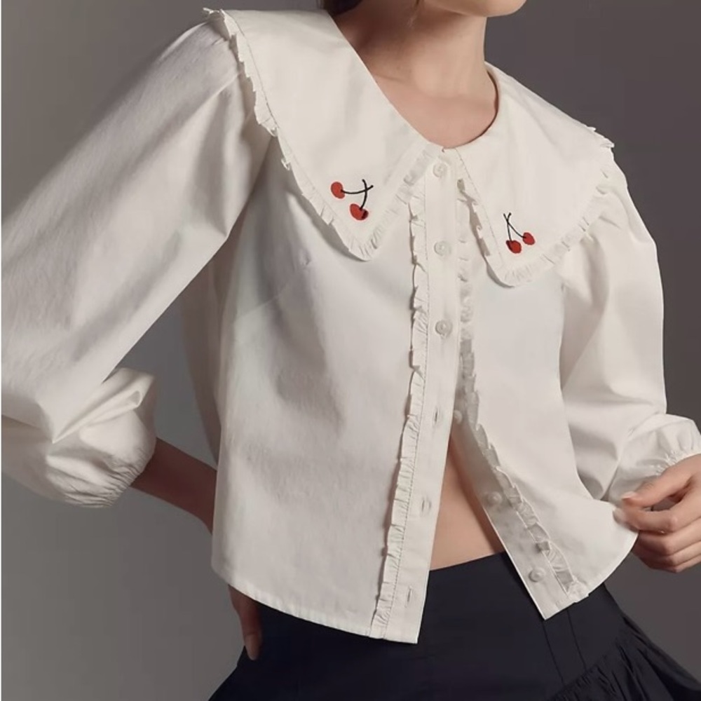 MAEVE Ruffle-front White Cherry Embroidered Collared blouse
